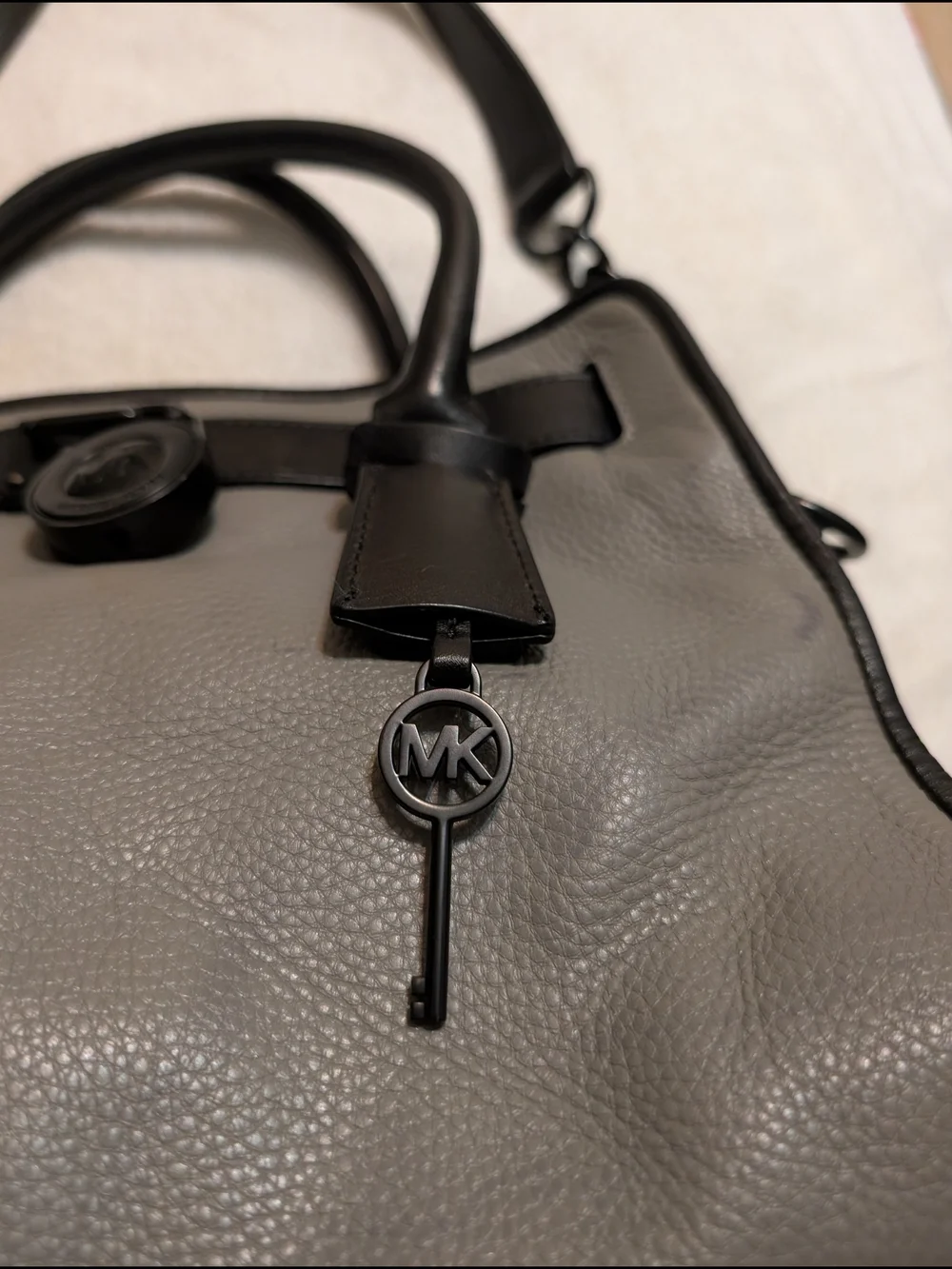 Michael Kors Gray and Black Leather Satchel with MK Medallion